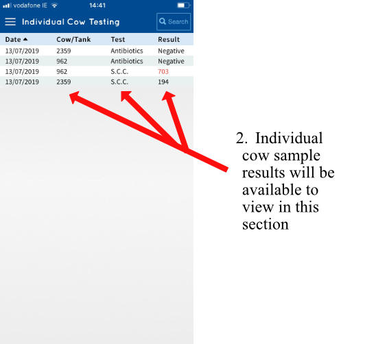 Step 2: Individual cow sample results will be available to view in this section